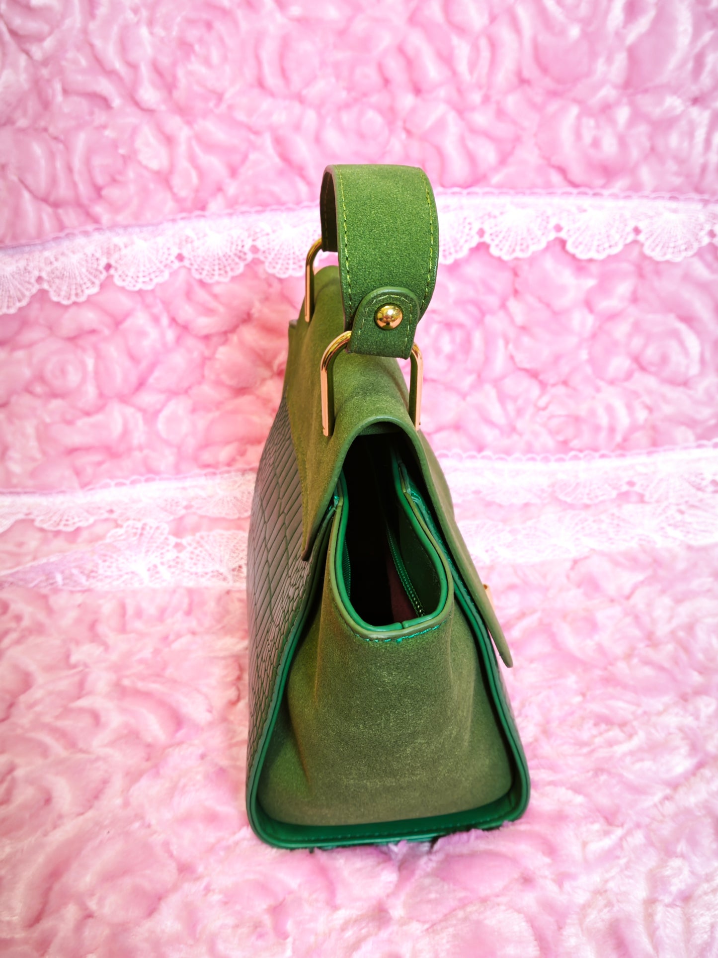 Dark Green Suede & Crocodile-Print Handbag with Metal Buckle