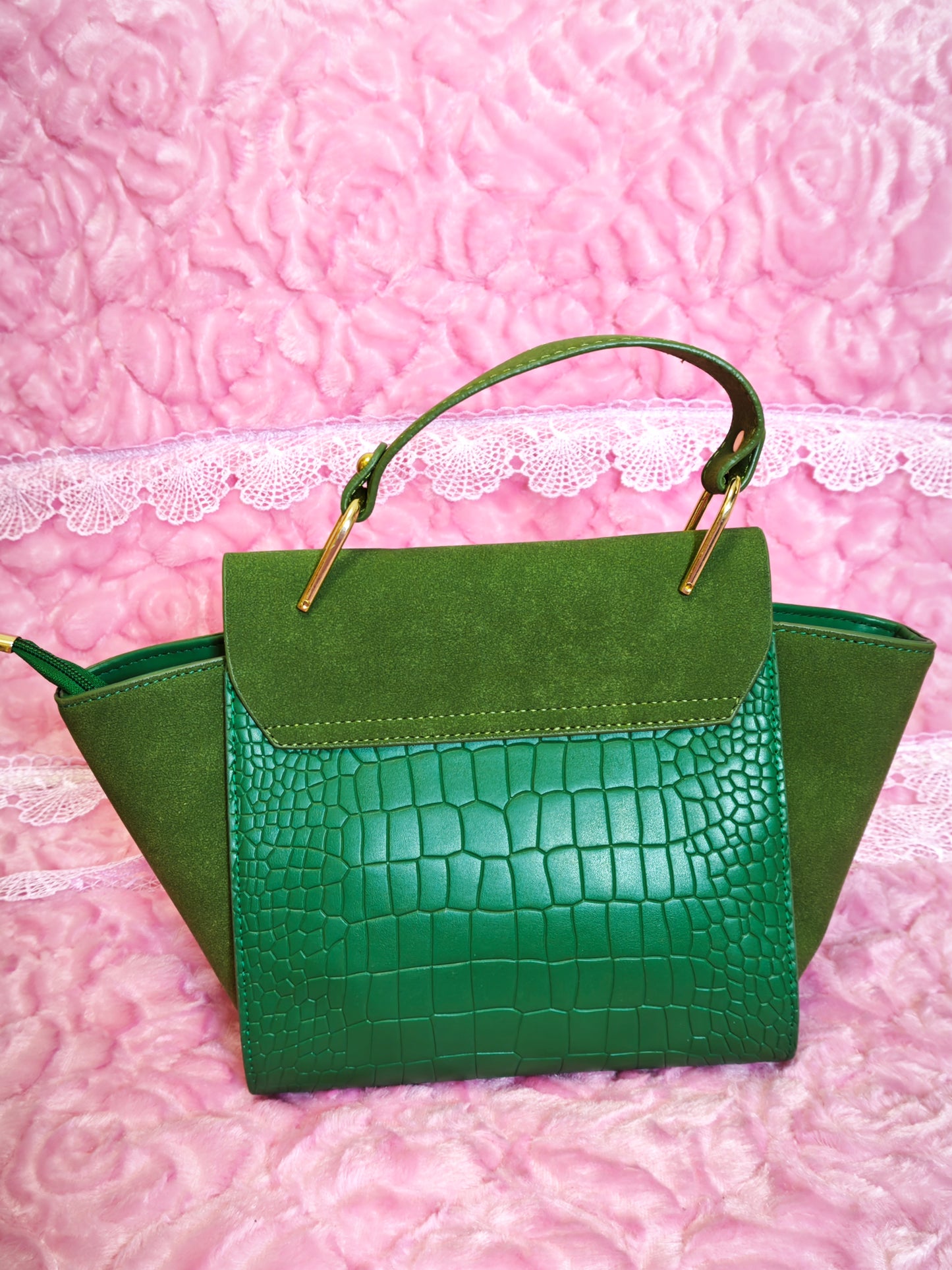 Dark Green Suede & Crocodile-Print Handbag with Metal Buckle