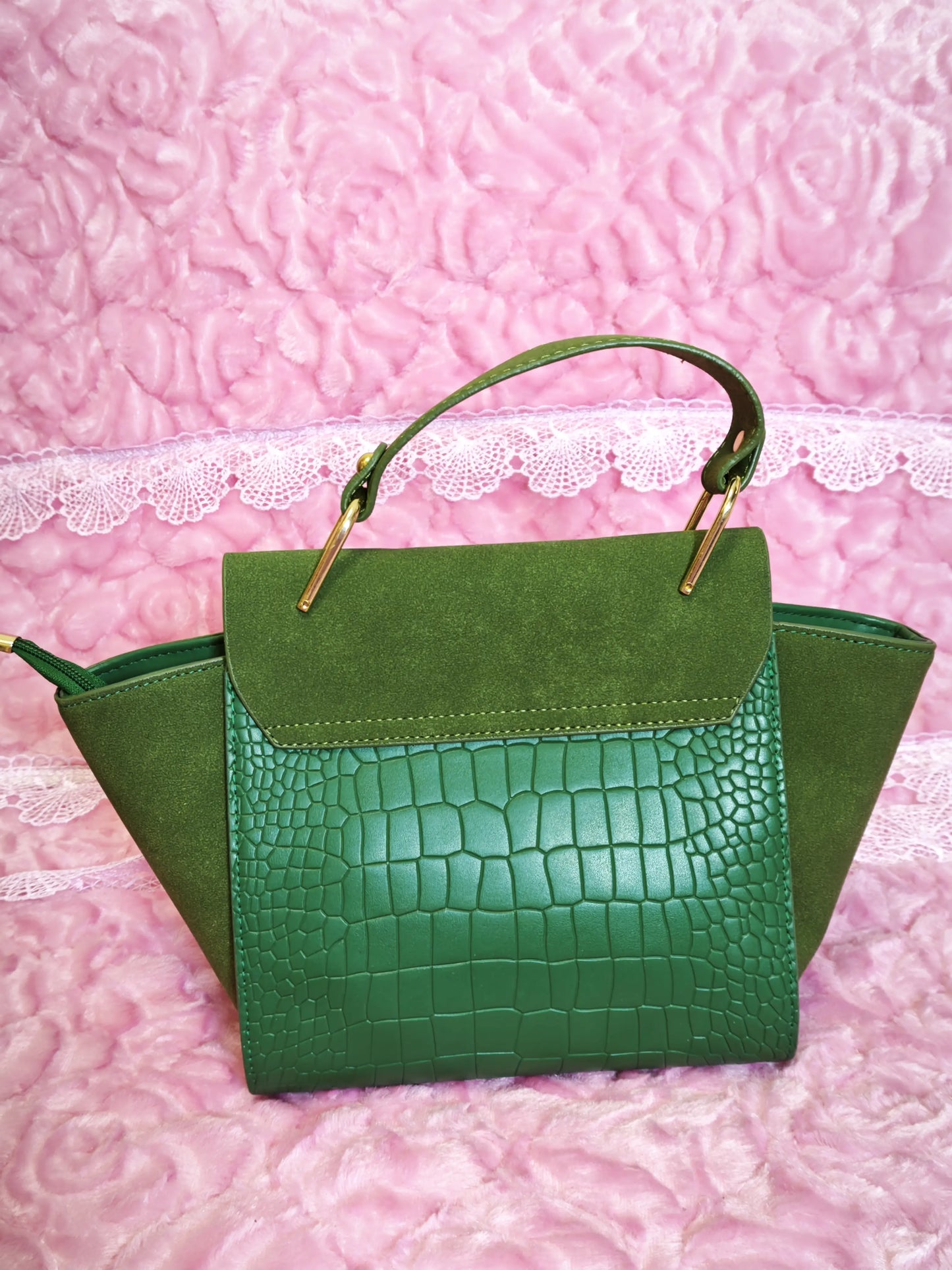 Dark Green Suede & Crocodile Pattern Trapezoidal Square Bag (M204)