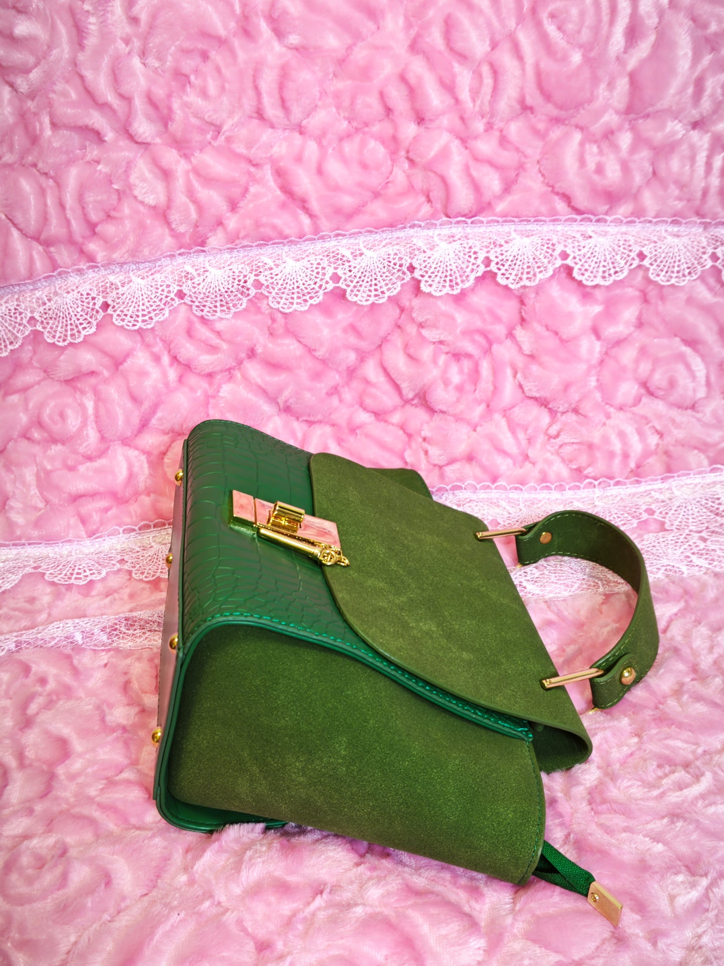 Dark Green Suede & Crocodile-Print Handbag with Metal Buckle