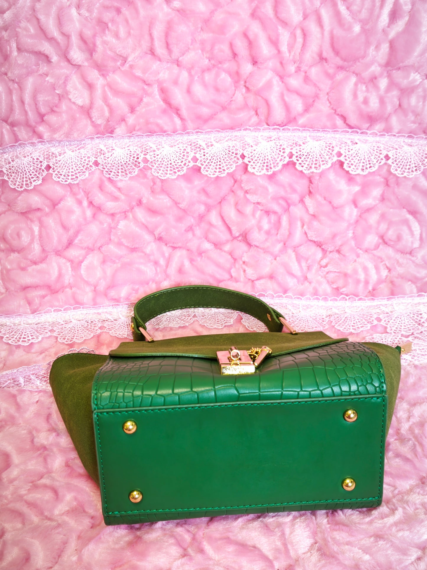 Dark Green Suede & Crocodile-Print Handbag with Metal Buckle