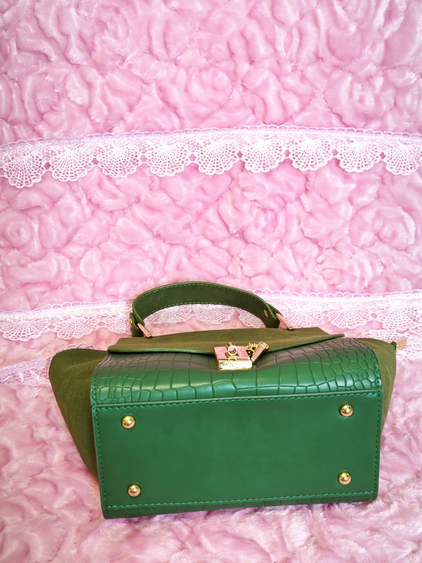 Dark Green Suede & Crocodile Pattern Trapezoidal Square Bag (M204)