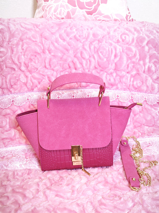 Fuchsia Suede & Crocodile-Print Handbag with Metal Buckle