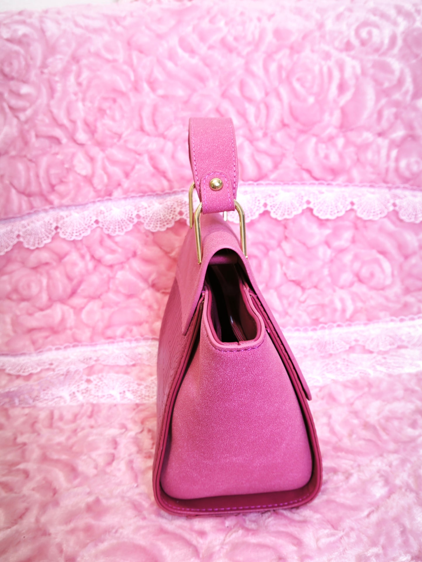 Fuchsia Suede & Crocodile-Print Handbag with Metal Buckle