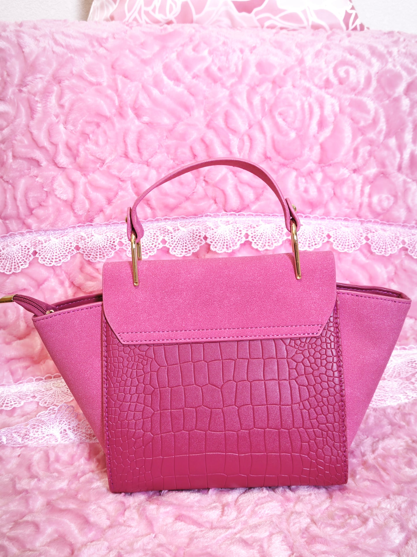 Fuchsia Suede & Crocodile-Print Handbag with Metal Buckle