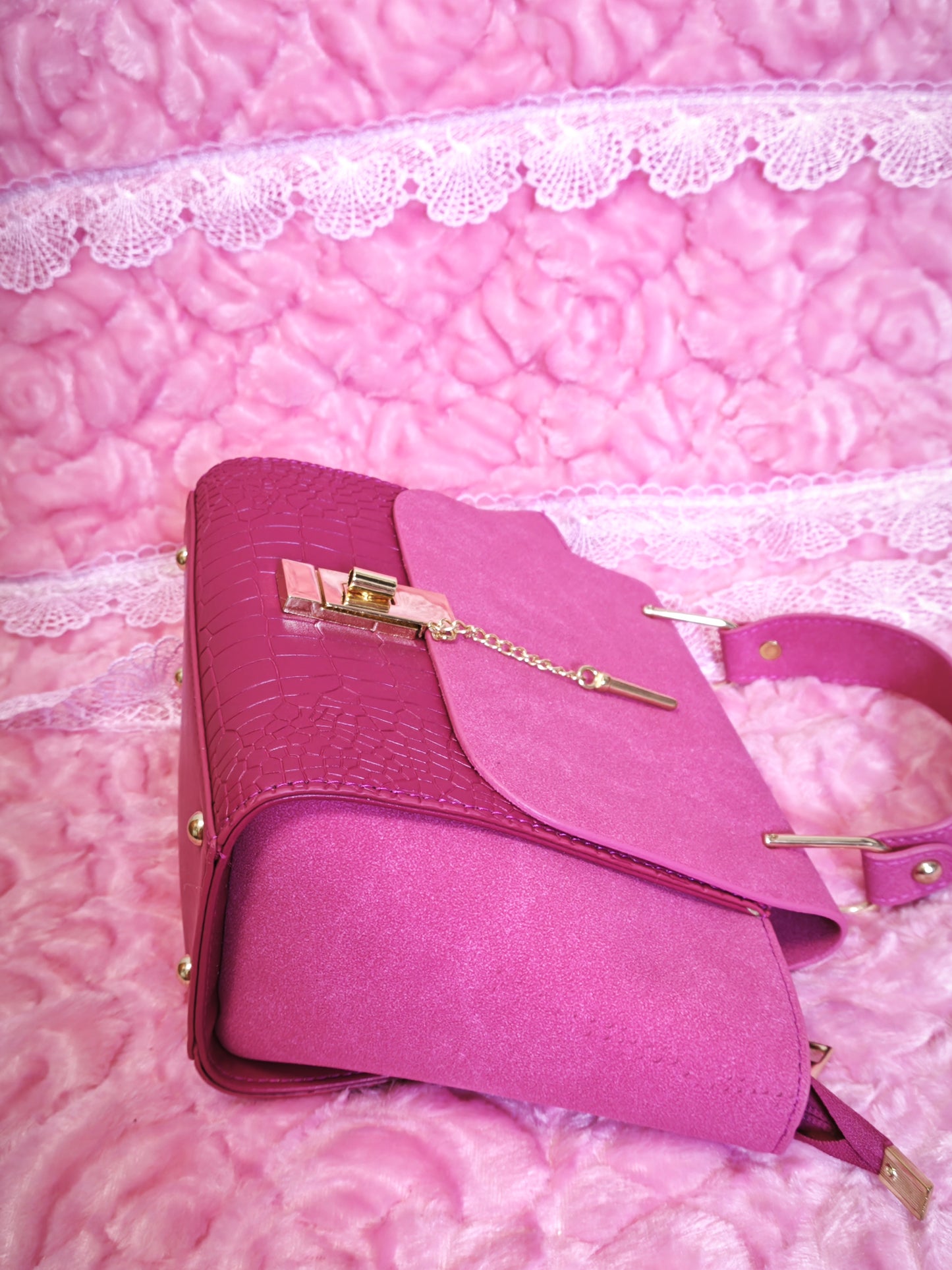 Fuchsia Suede & Crocodile-Print Handbag with Metal Buckle