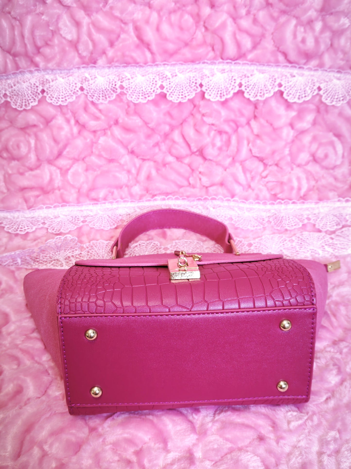 Fuchsia Suede & Crocodile-Print Handbag with Metal Buckle