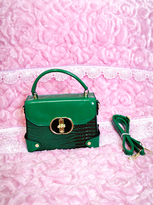 Dark Green Patent & Crocodile-Print Handbag with Circular Buckle
