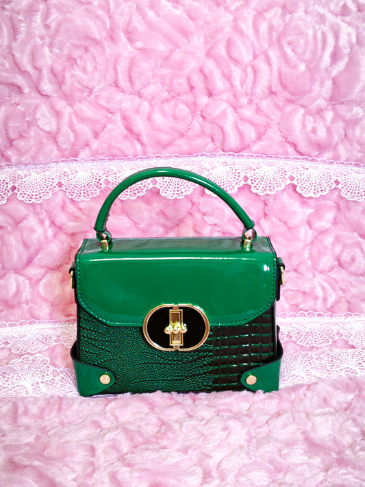 Dark Green Patent & Crocodile-Print Handbag with Circular Buckle