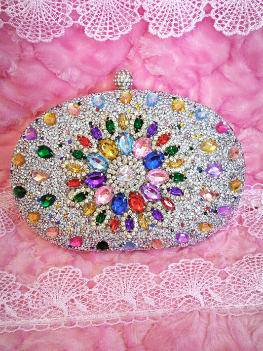 Multi-Colored Crystal-Embellished Oval Evening Clutch