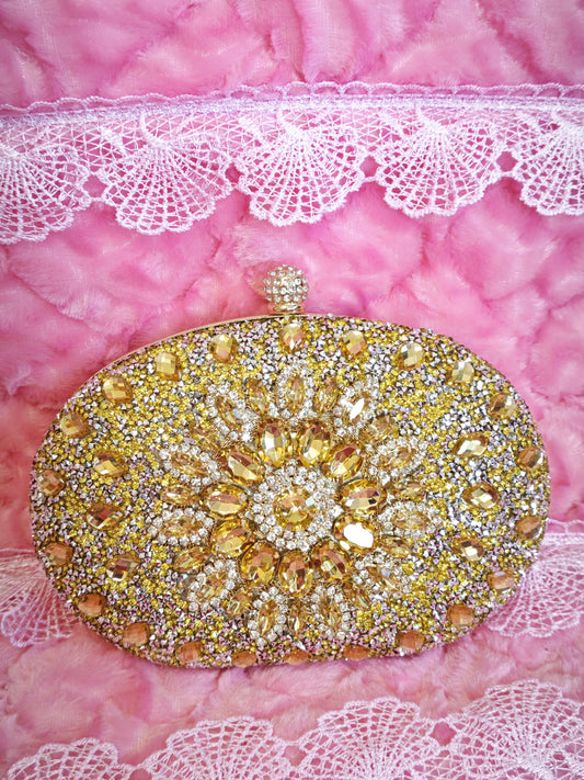 Gold Crystal-Embellished Oval Evening Clutch