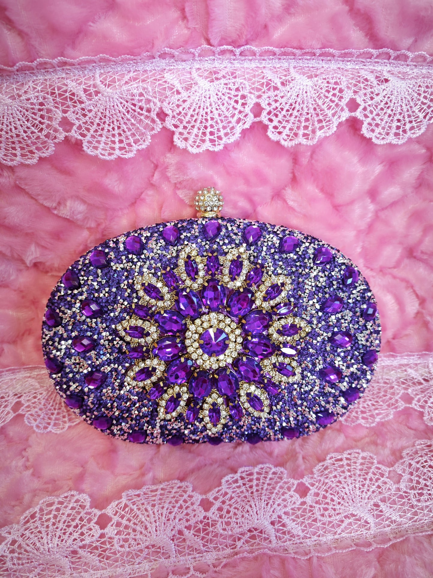 Purple Crystal-Embellished Oval Evening Clutch