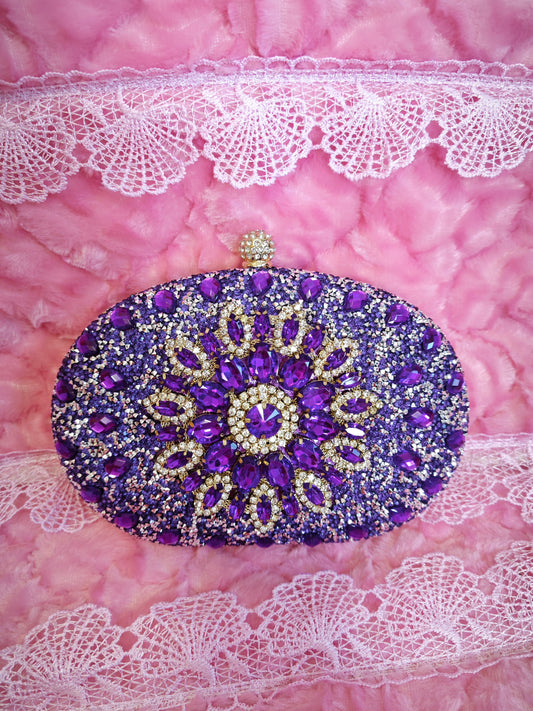 Purple Crystal-Embellished Oval Evening Clutch