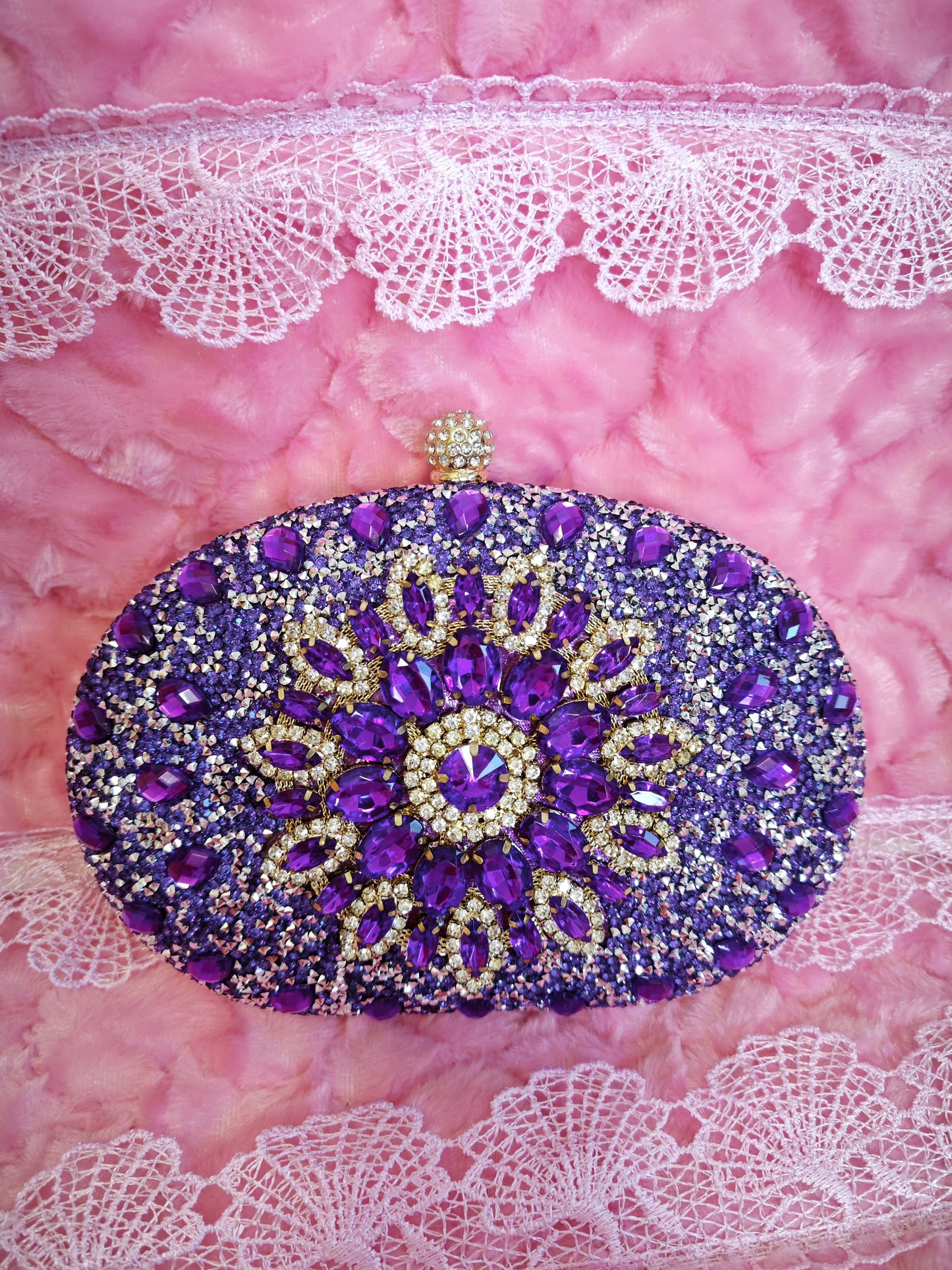 Purple Crystal-Embellished Oval Evening Clutch