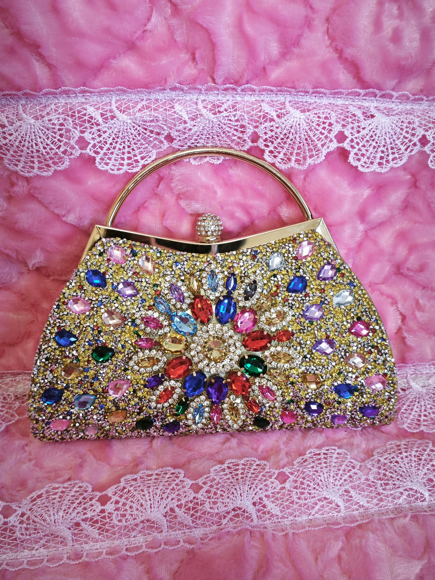 Multi-Colored Crystal-Embellished Evening Handbag with Metal Handle