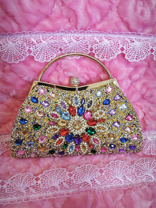 Multi-Colored Crystal-Embellished Evening Handbag with Metal Handle