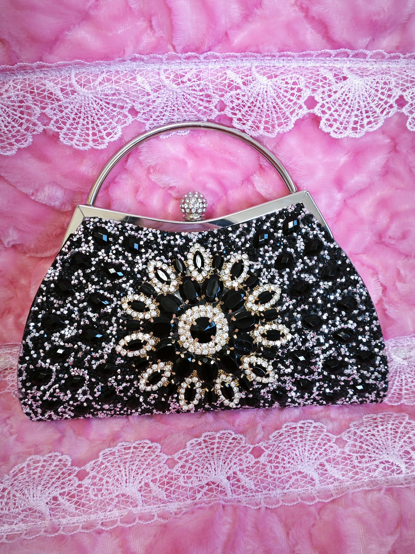 Black Crystal-Embellished Evening Handbag with Metal Handle