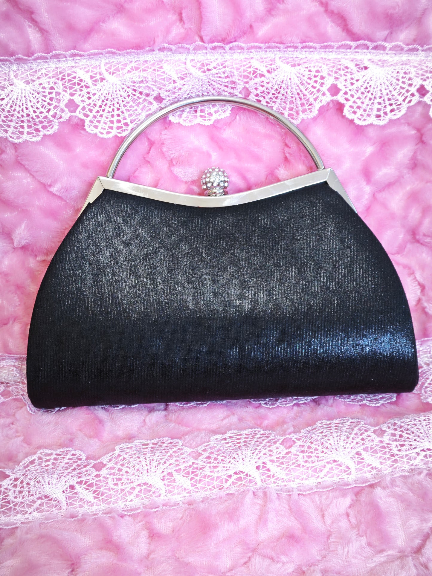 Black Crystal-Embellished Evening Handbag with Metal Handle
