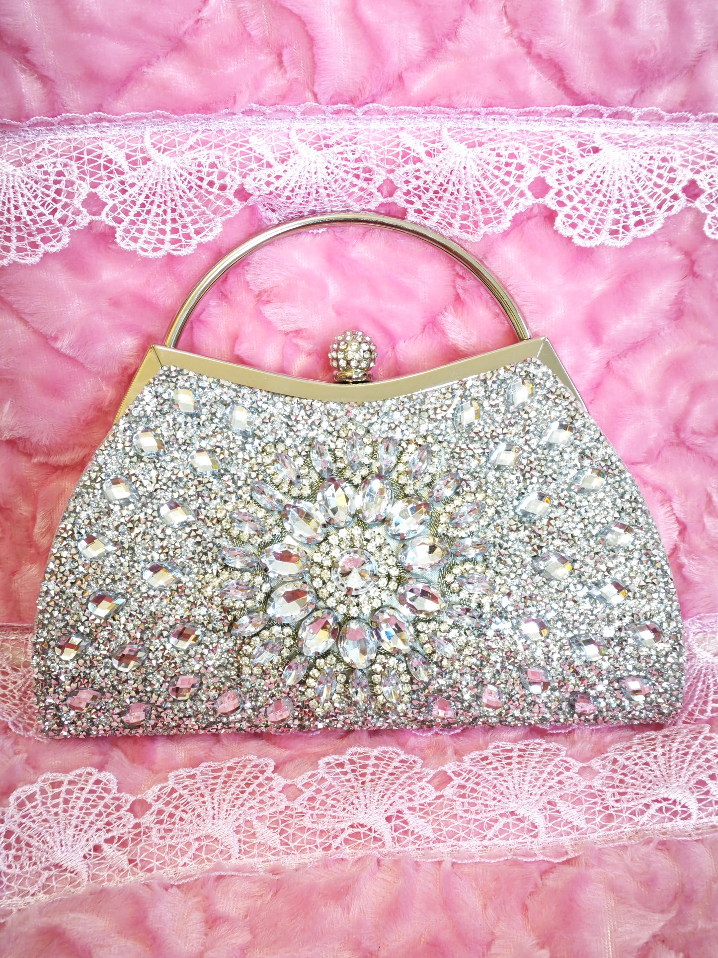 Silver Crystal-Embellished Evening Handbag with Metal Handle