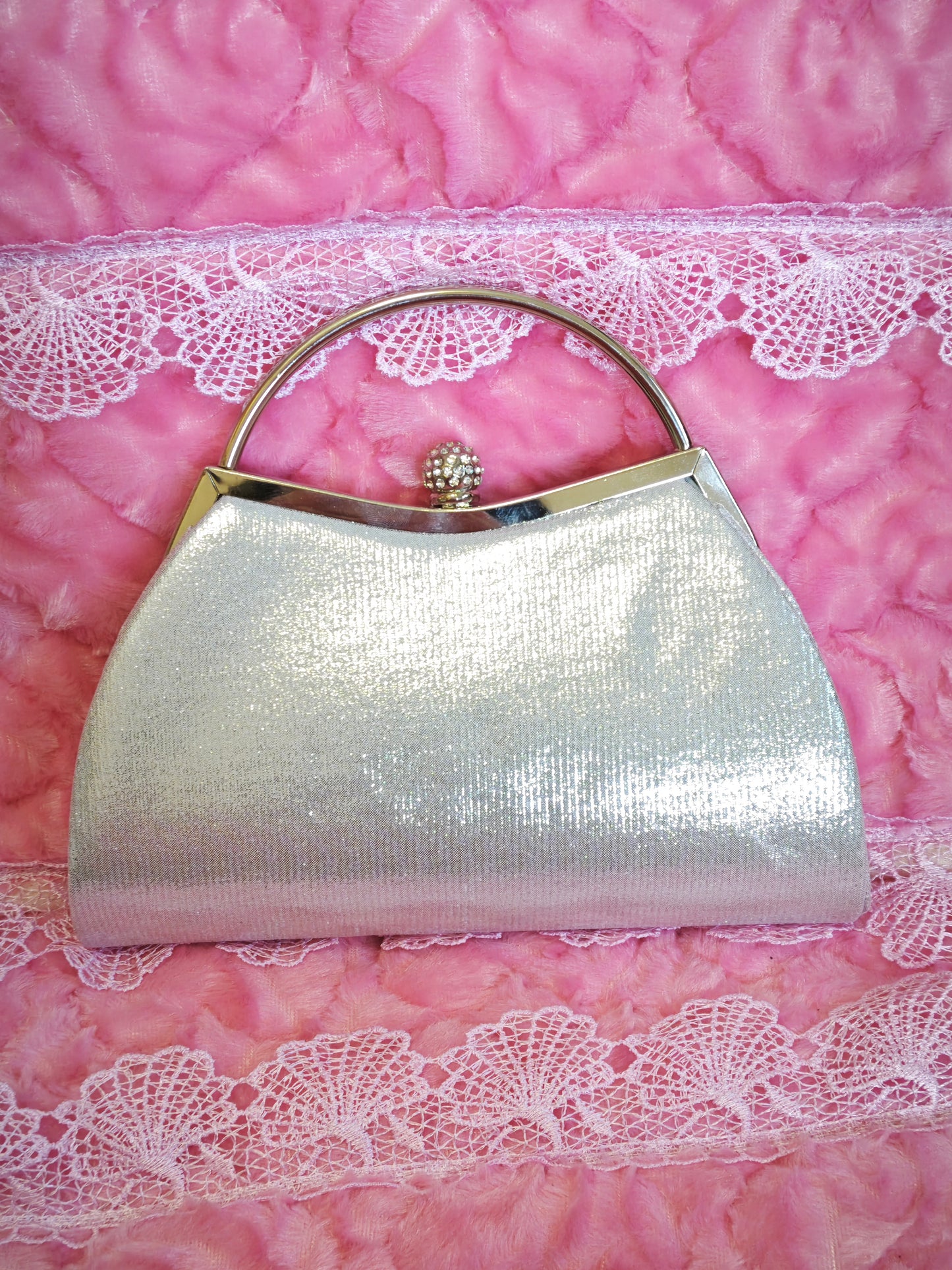 Silver Crystal-Embellished Evening Handbag with Metal Handle
