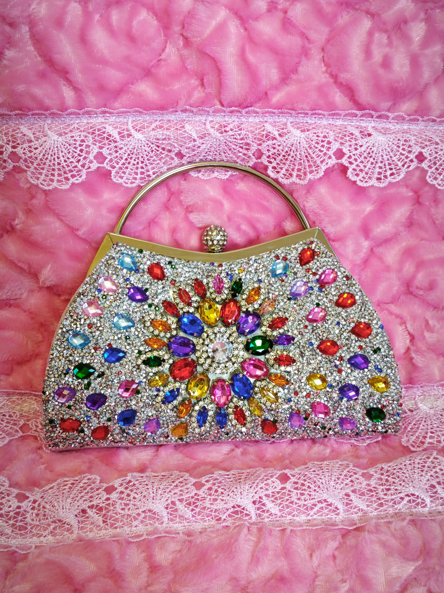 Multi-Colored Crystal-Embellished Evening Handbag with Metal Handle