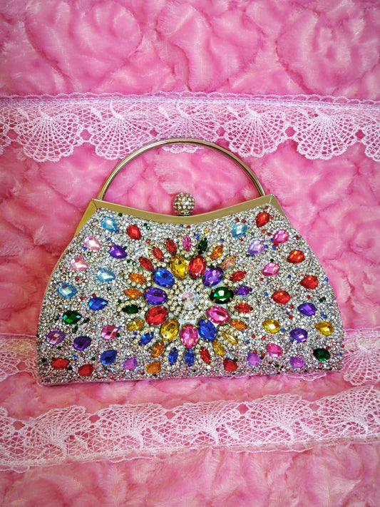 Multi-Colored Crystal-Embellished Evening Handbag with Metal Handle