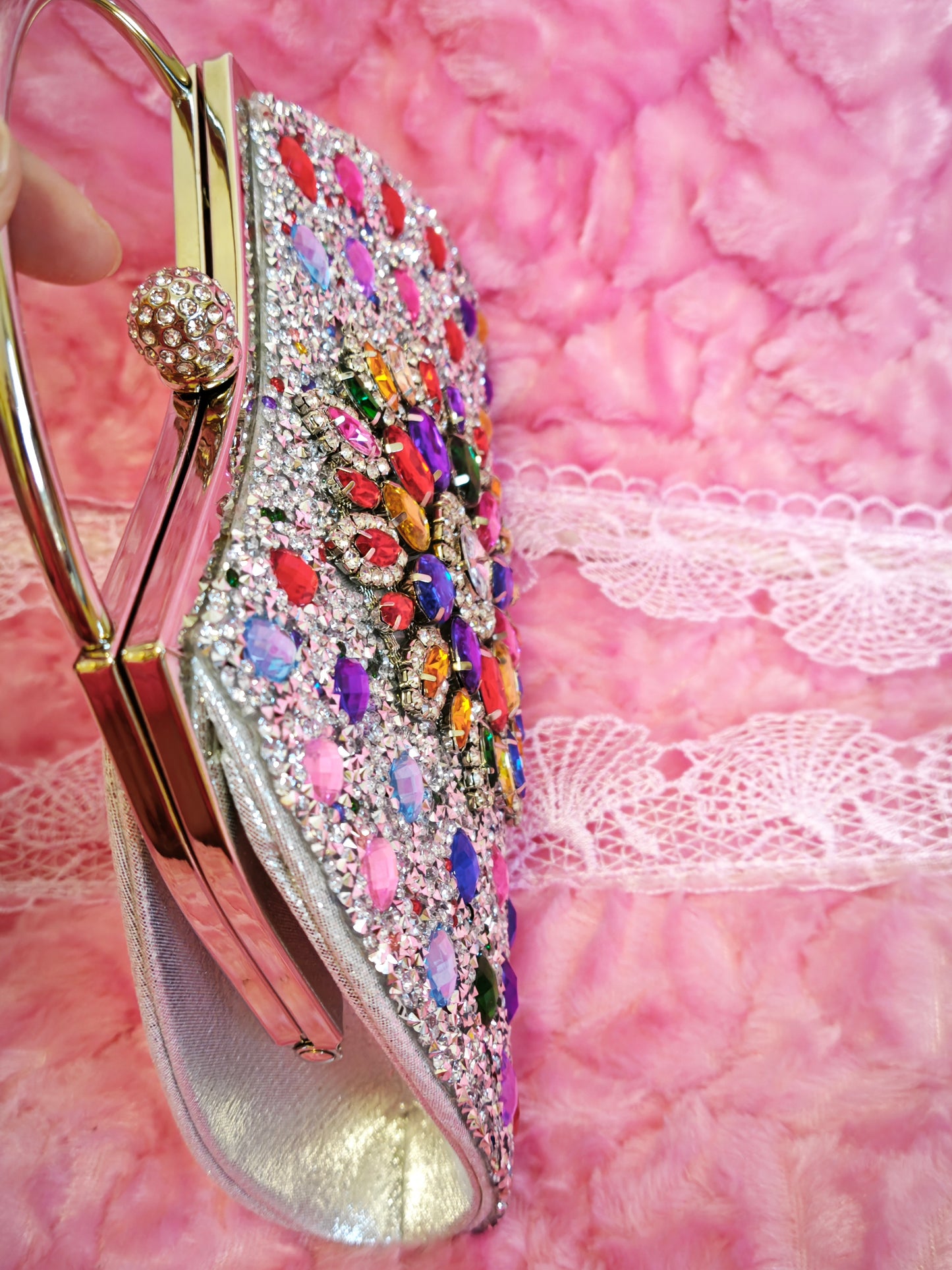 Multi-Colored Crystal-Embellished Evening Handbag with Metal Handle