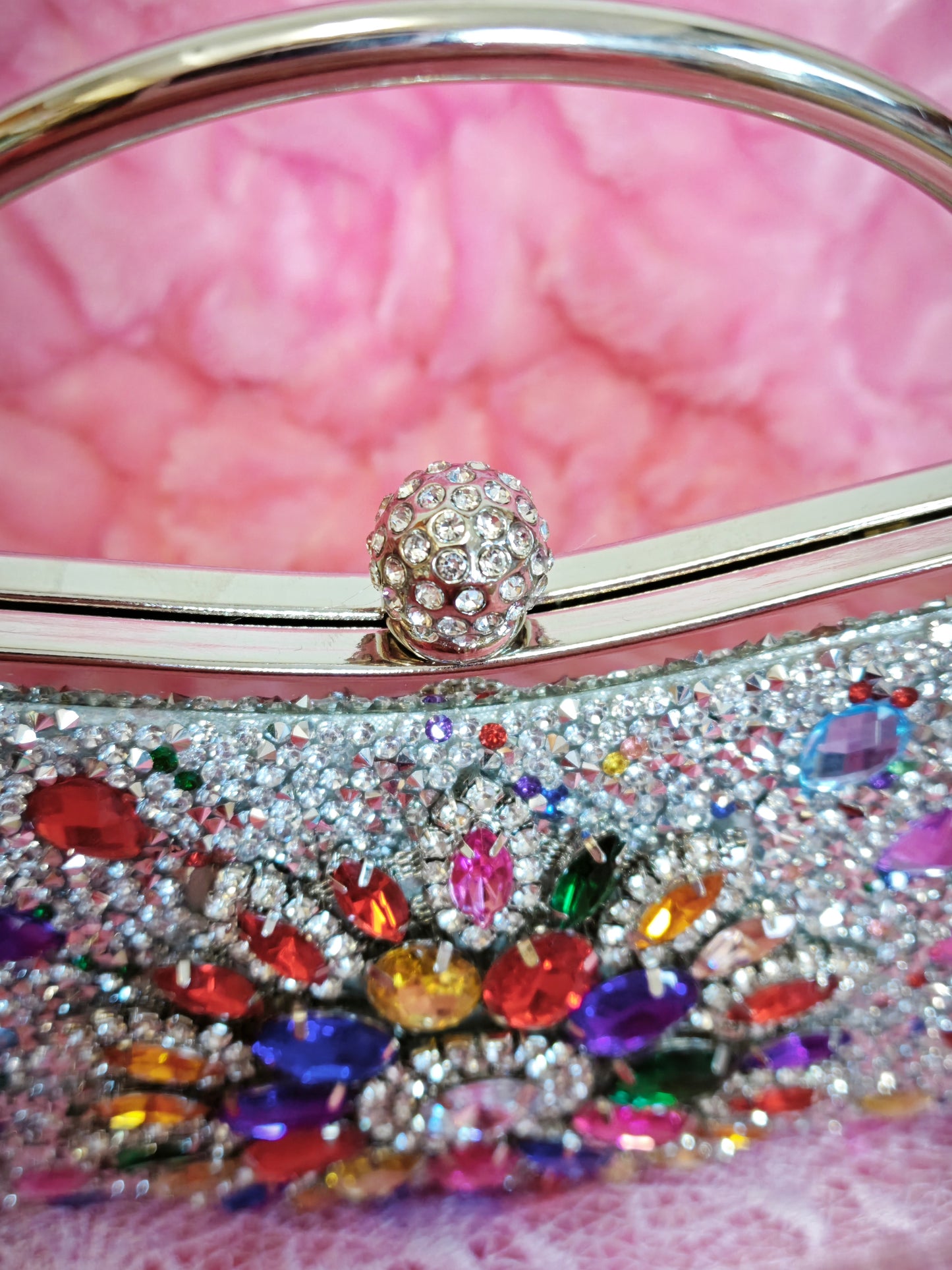 Multi-Colored Crystal-Embellished Evening Handbag with Metal Handle