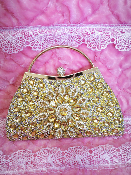 Gold Crystal-Embellished Evening Handbag with Metal Handle