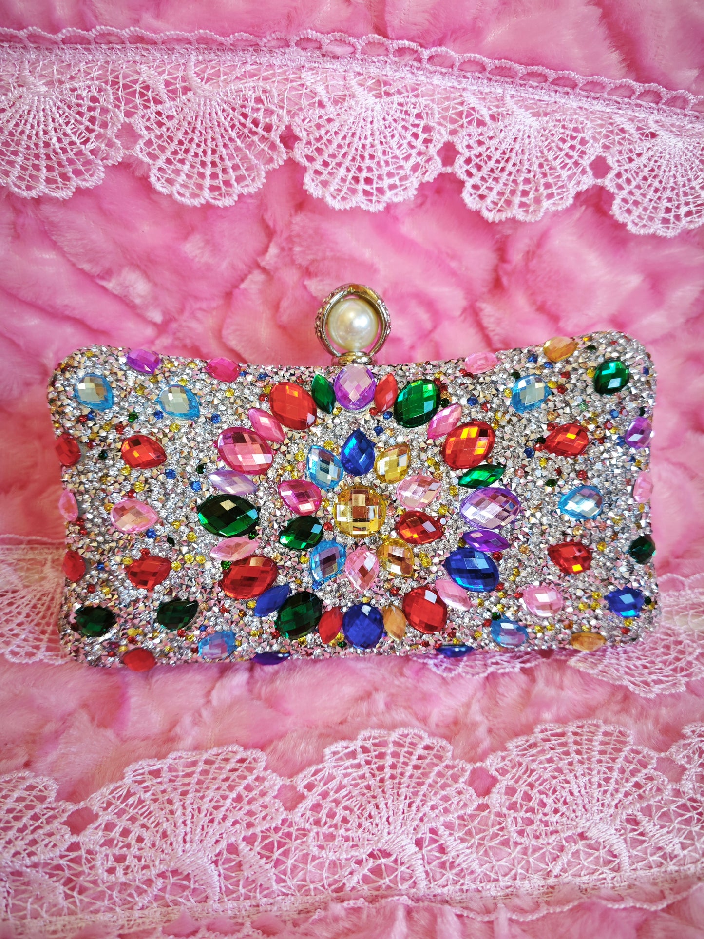 Multi-Colored Crystal-Embellished Evening Clutch with Pearl Buckle