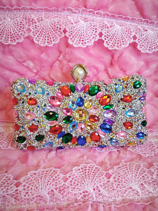 Multi-Colored Crystal-Embellished Evening Clutch with Pearl Buckle