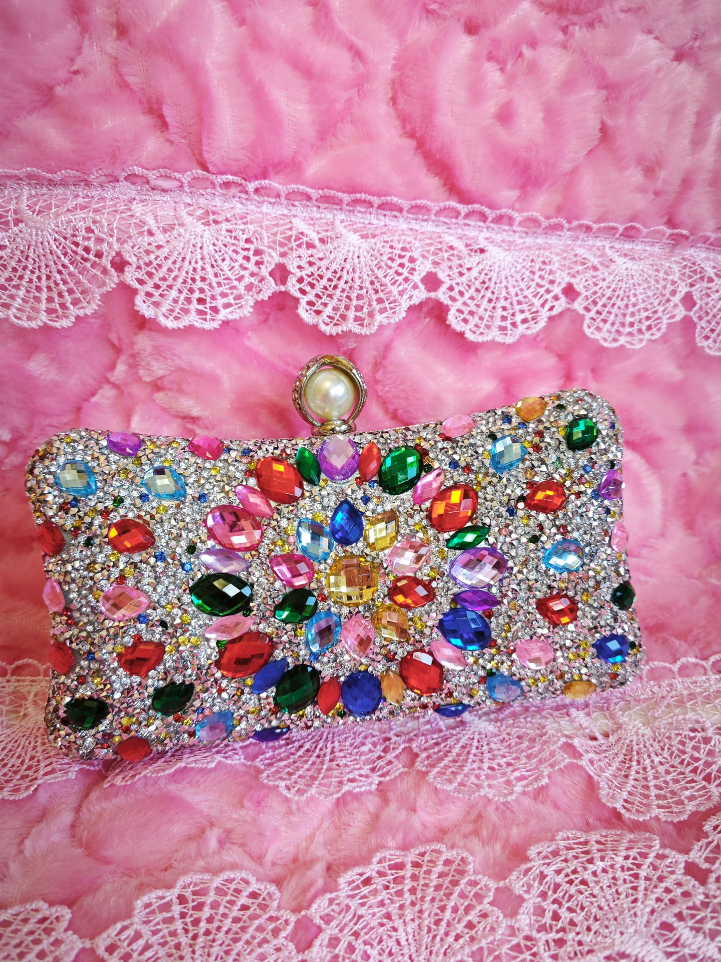 Multi-Colored Crystal-Embellished Evening Clutch with Pearl Buckle