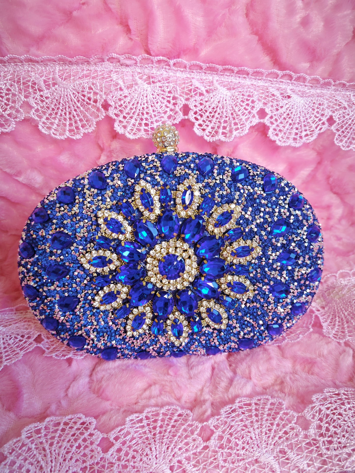 Blue Crystal-Embellished Oval Evening Clutch