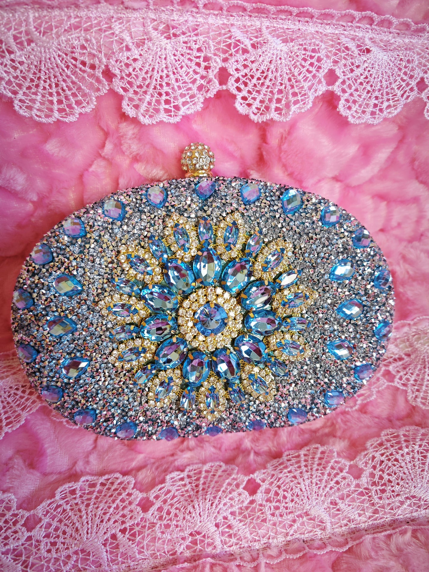 Light Blue Crystal-Embellished Oval Evening Clutch