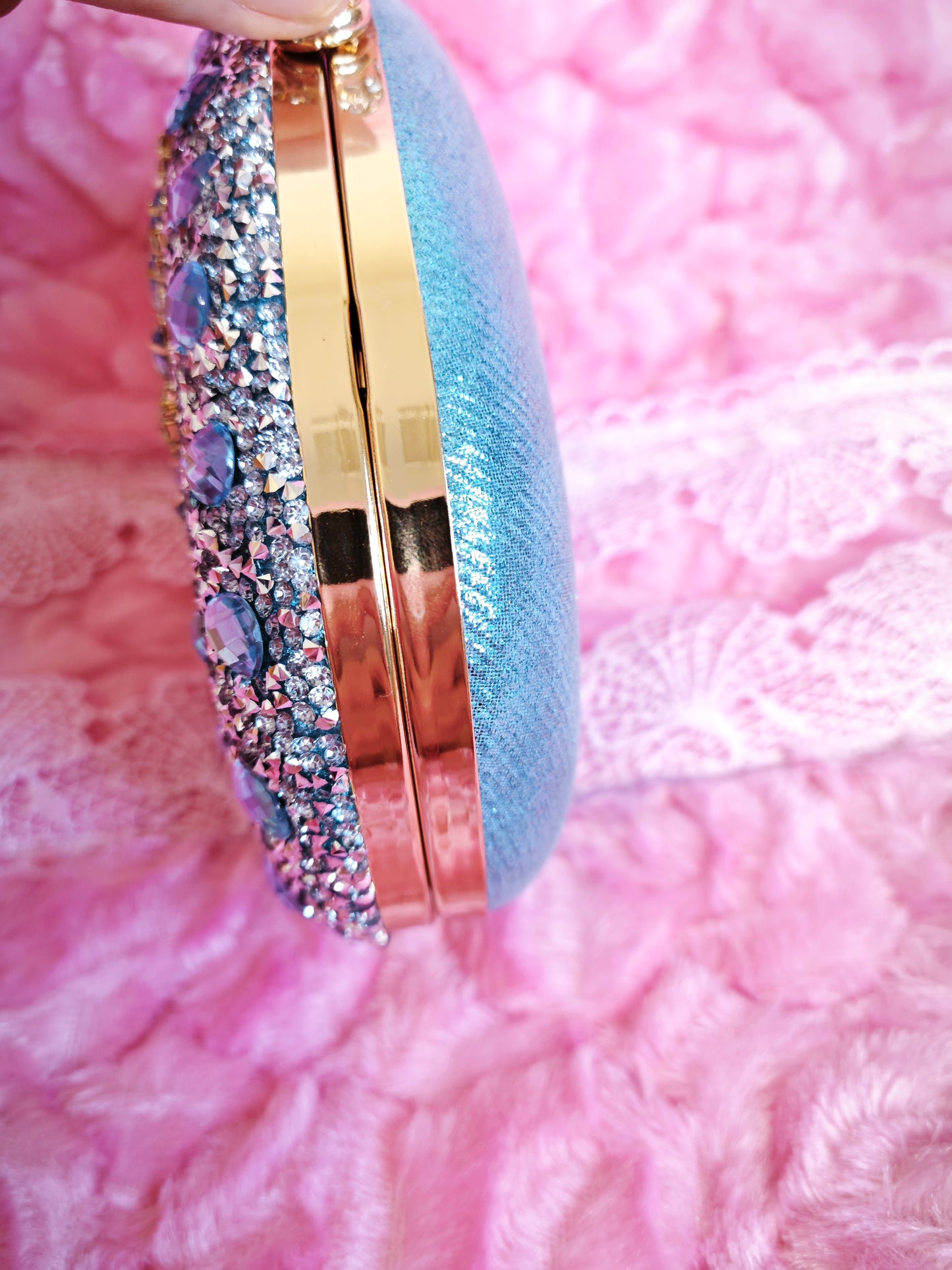 Light Blue Crystal-Embellished Oval Evening Clutch