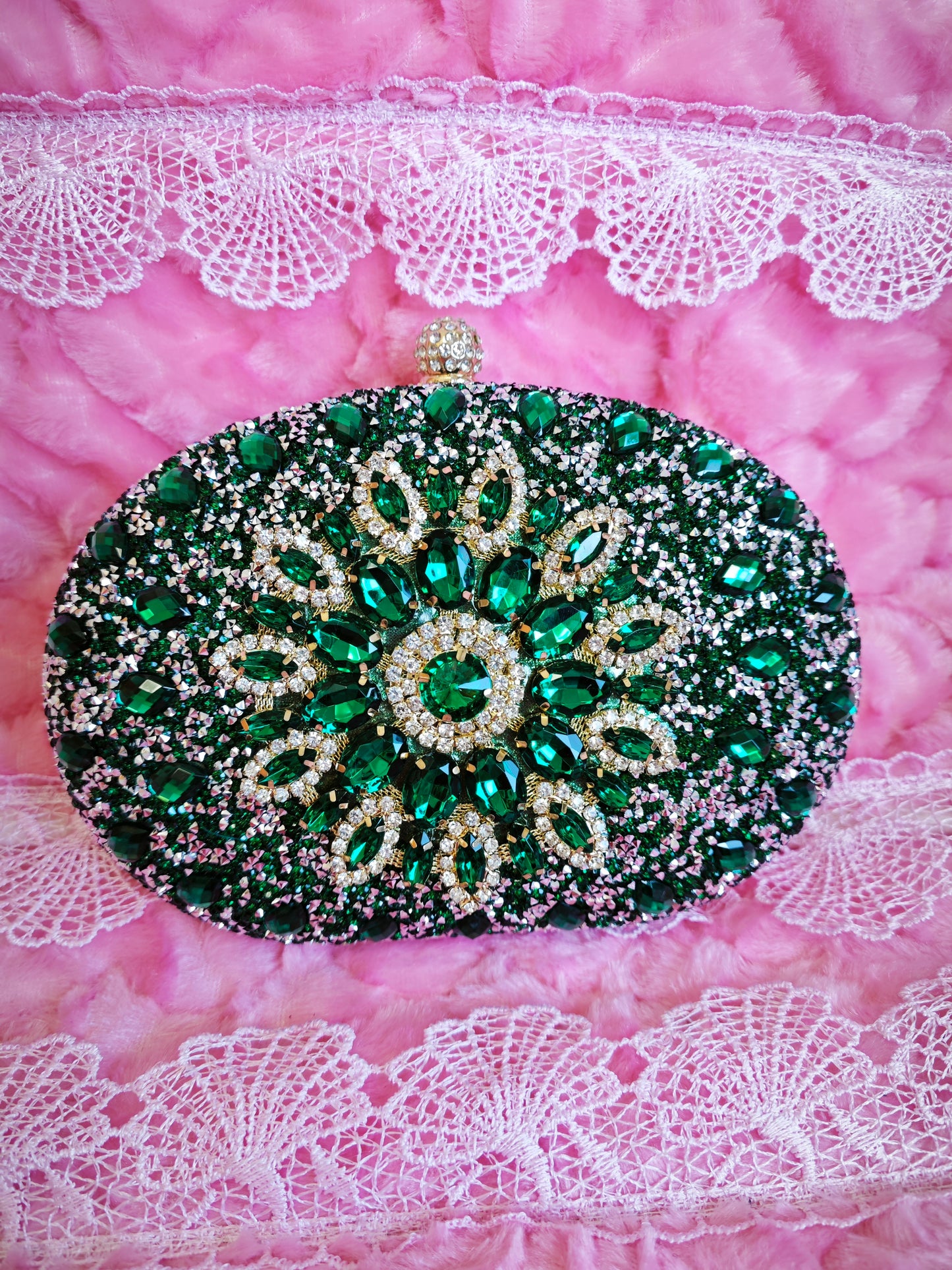 Emerald Green Crystal-Embellished Oval Evening Clutch