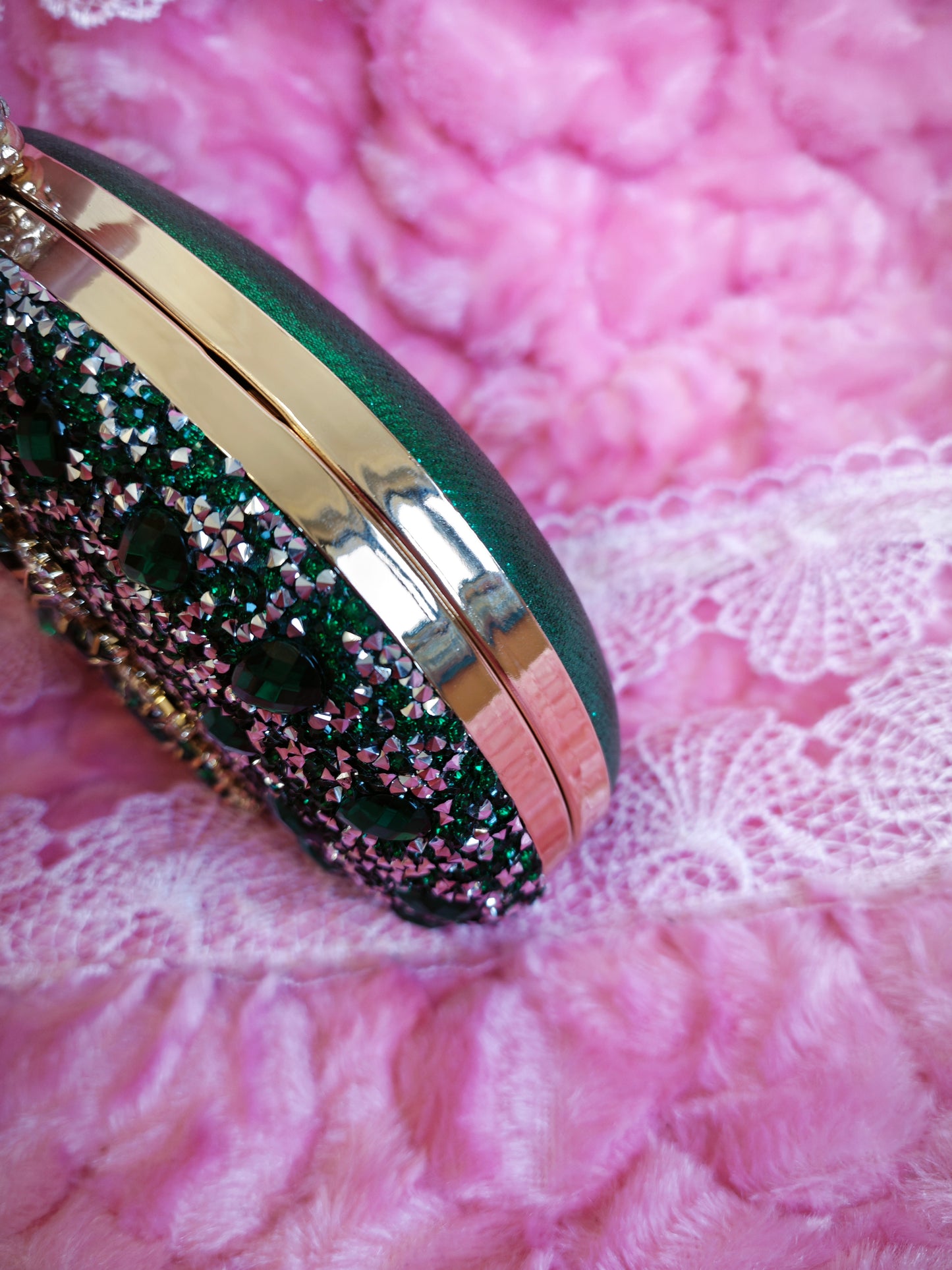 Emerald Green Crystal-Embellished Oval Evening Clutch