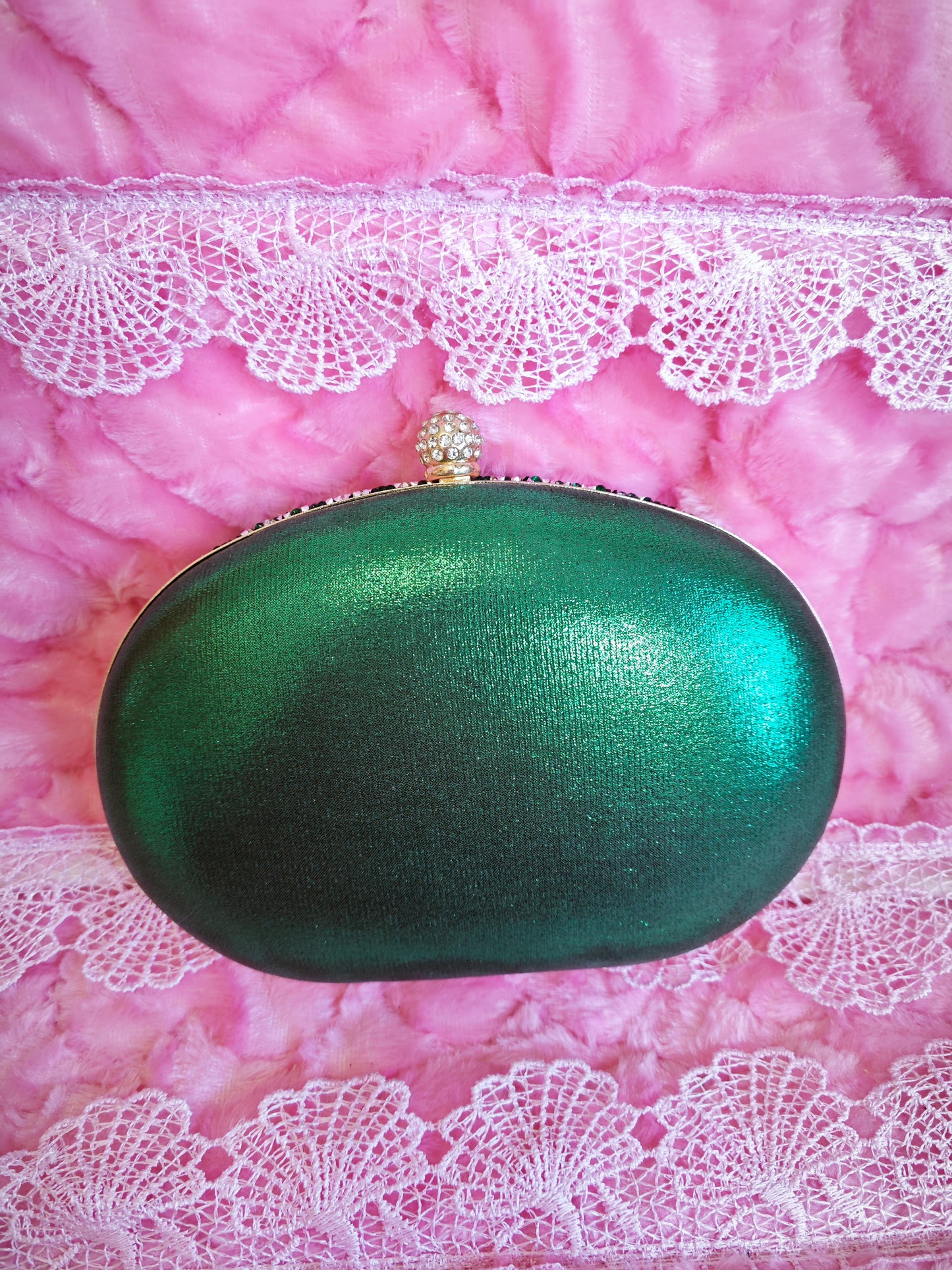 Emerald Green Crystal-Embellished Oval Evening Clutch