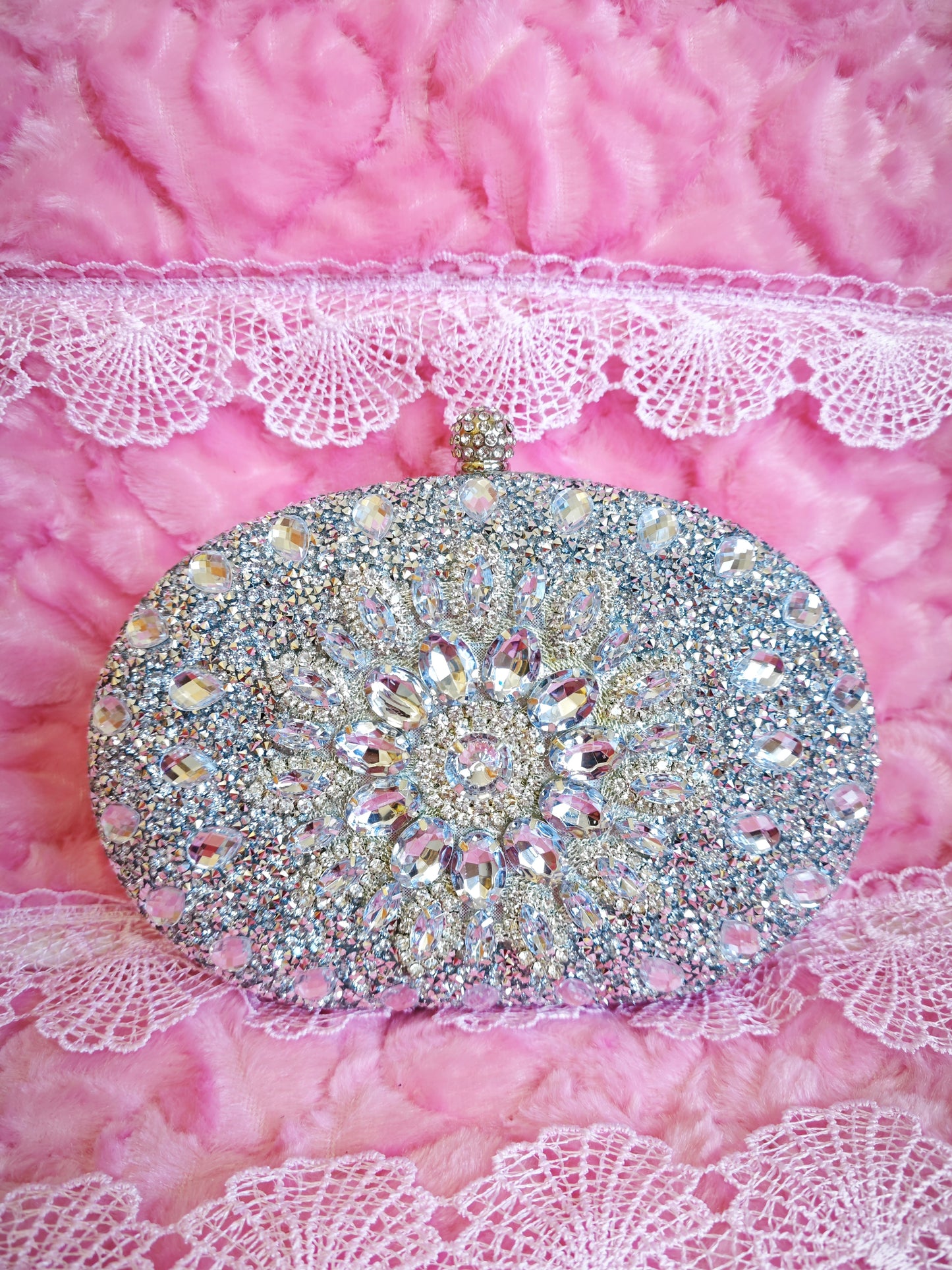 White Crystal-Embellished Oval Evening Clutch