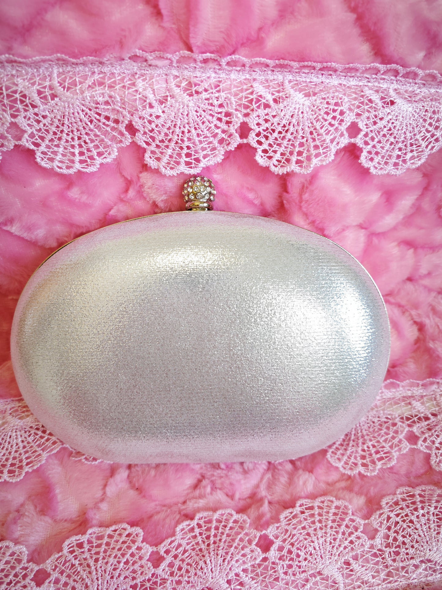 White Crystal-Embellished Oval Evening Clutch