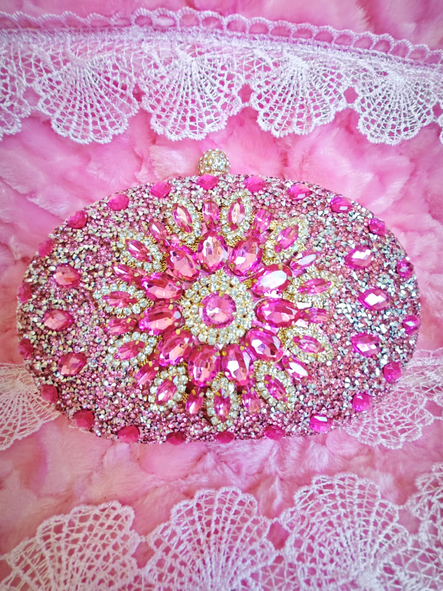 Pink Crystal-Embellished Oval Evening Clutch