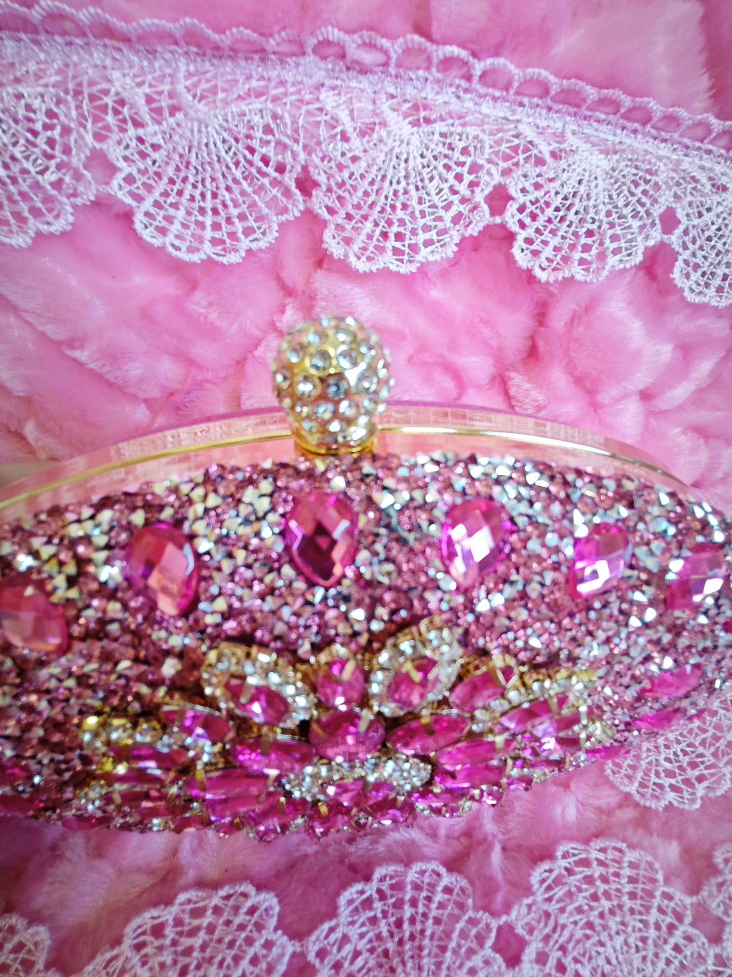 Pink Crystal-Embellished Oval Evening Clutch