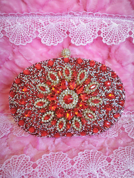 Red Crystal-Embellished Oval Evening Clutch