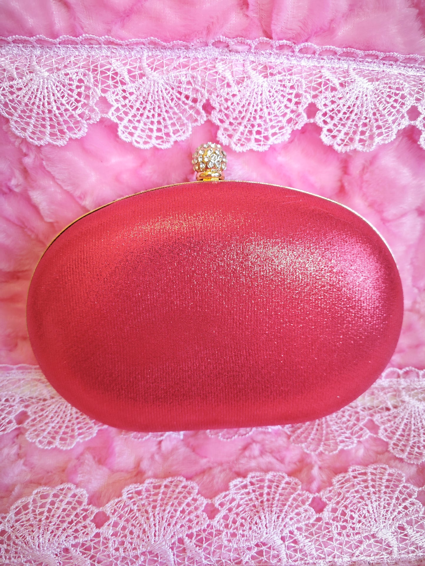 Red Crystal-Embellished Oval Evening Clutch