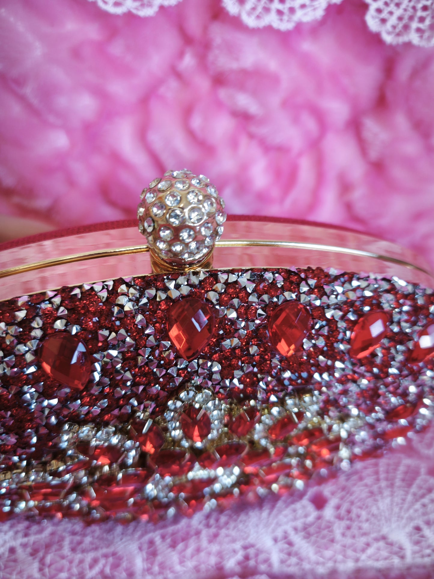 Red Crystal-Embellished Oval Evening Clutch