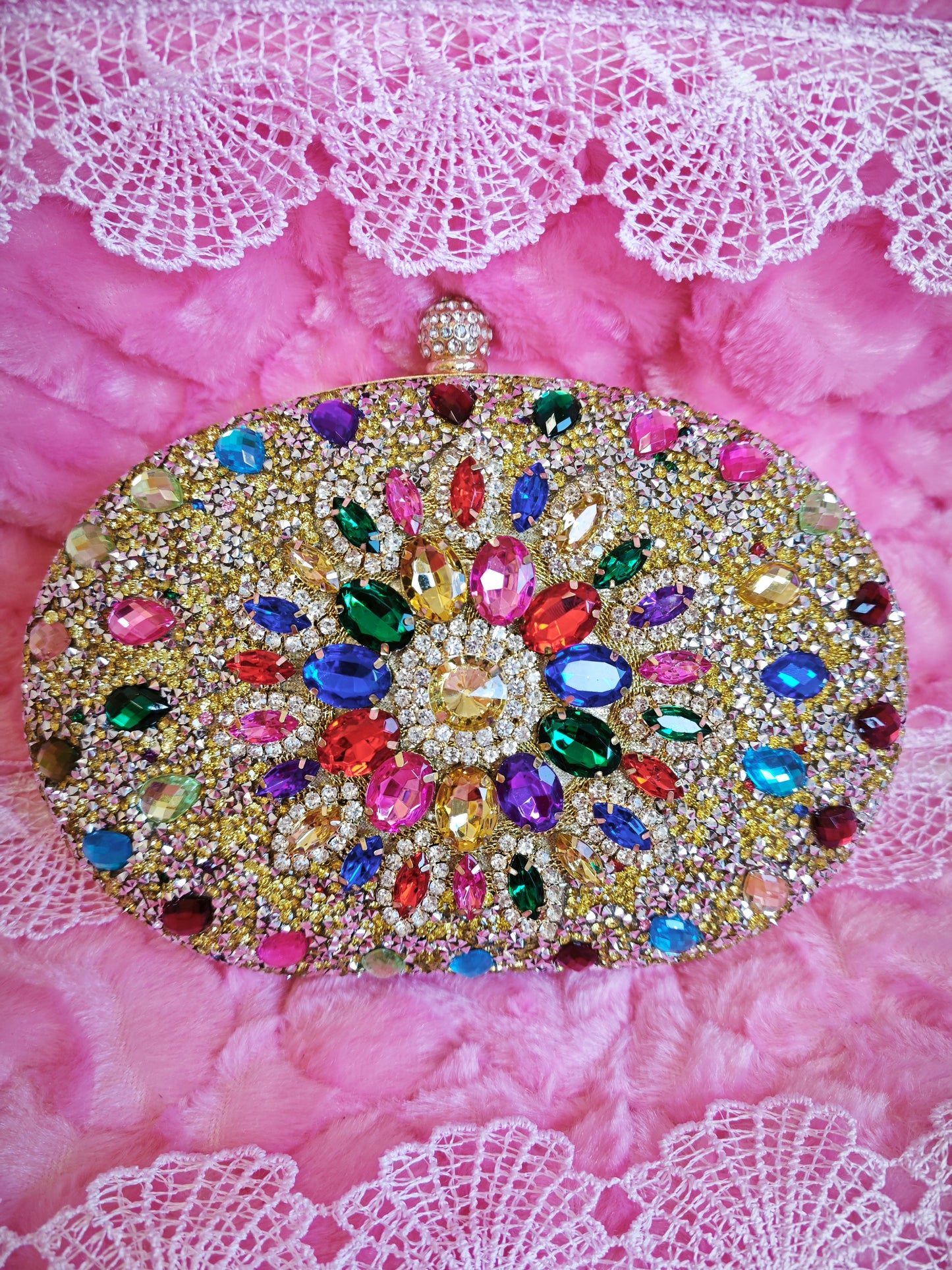 Multi-Colored Crystal-Embellished Oval Evening Clutch
