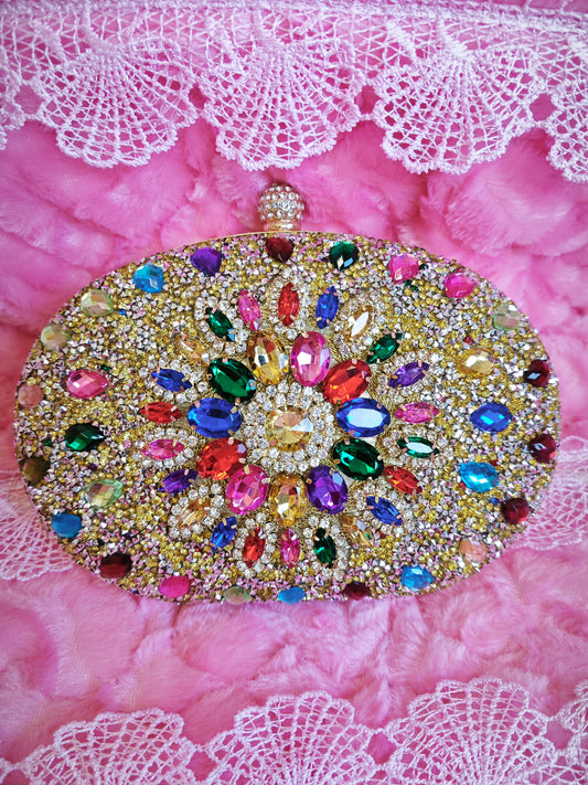 Multi-Colored Crystal-Embellished Oval Evening Clutch