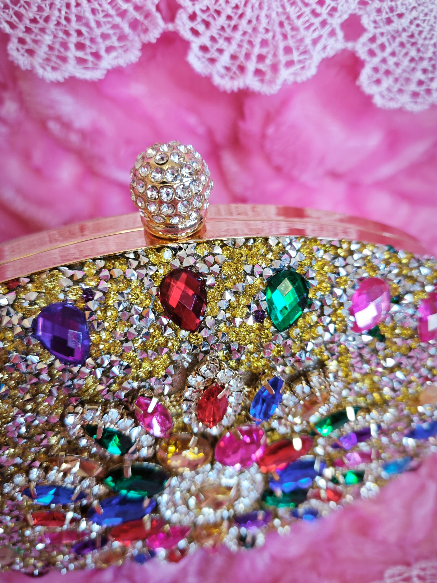 Multi-Colored Crystal-Embellished Oval Evening Clutch