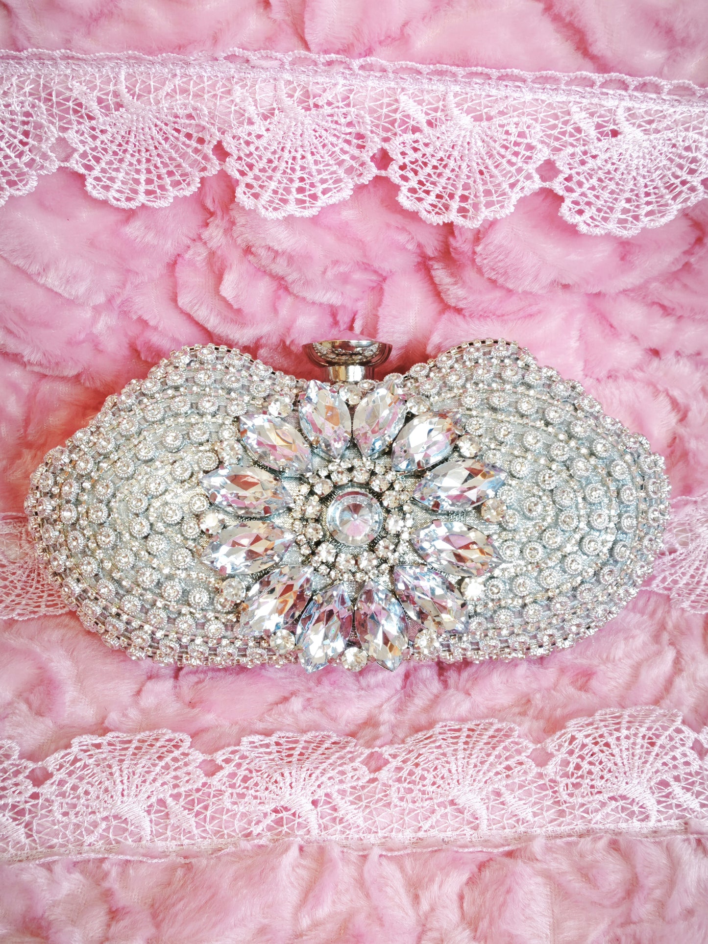 Silver Crystal-Embellished Bow-Shaped Evening Clutch