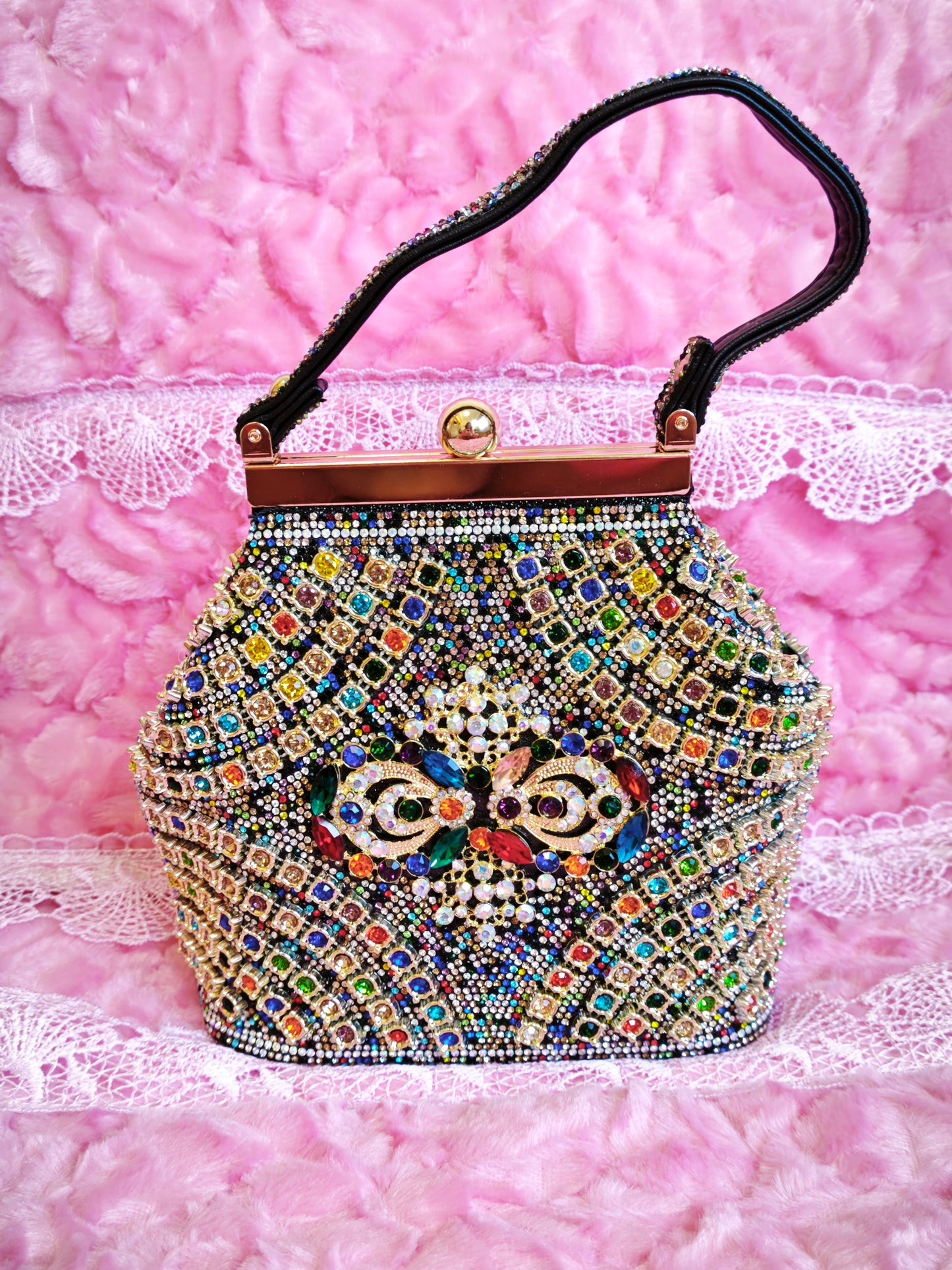 Multi-Colored Crystal-Embellished Owl-Pattern Evening Handbag